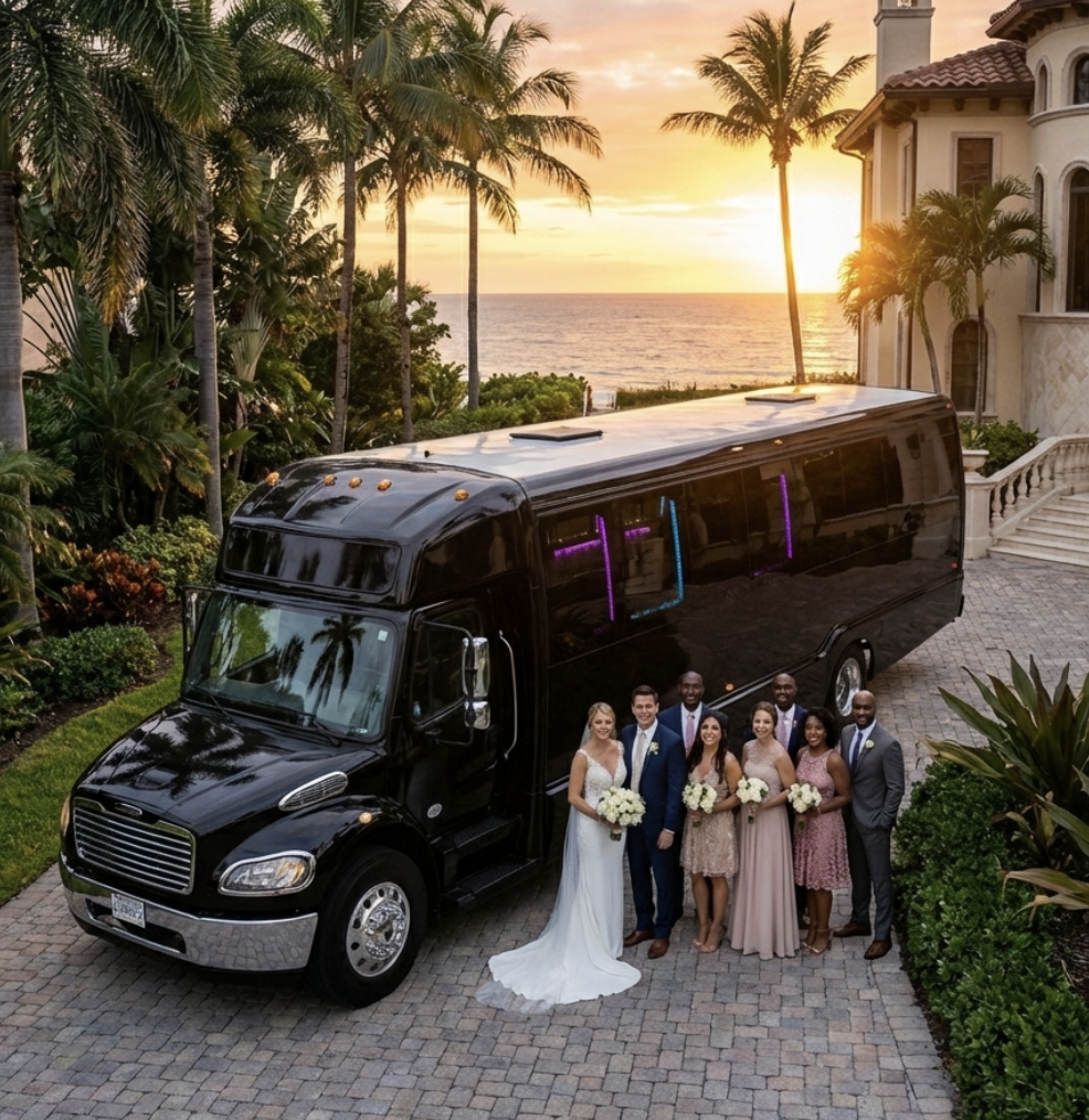 A group of eight people posing in formal attire in front of a black party bus at sunset, with palm trees and a luxury home in the background.