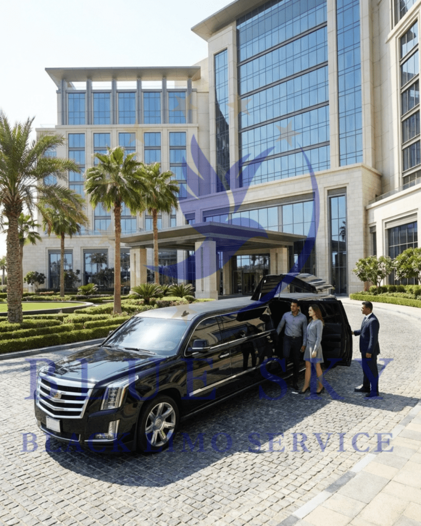 A luxurious black limousine parked outside a modern building with large windows and palm trees. Two passengers are getting out of the vehicle while a chauffeur stands nearby.